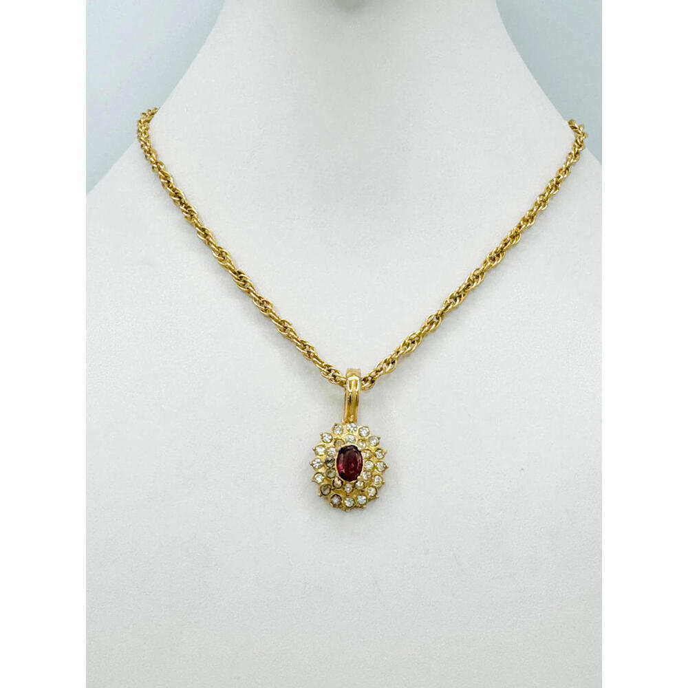 Roman Garnet gold tone halo by clear crystal pendant necklace